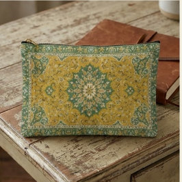 Classic Persian Mustard with Teal Floral Accents アクセサリーポーチ