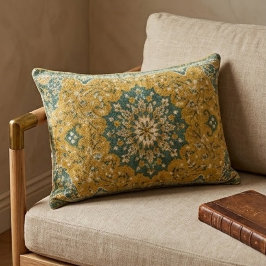 Classic Persian Mustard with Teal Floral Accents アクセントクッション