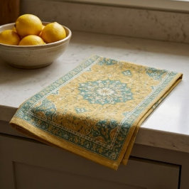 Classic Persian Mustard with Teal Floral Accents キッチンタオル