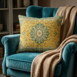 Classic Persian Mustard with Teal Floral Accents クッション