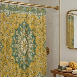 Classic Persian Mustard with Teal Floral Accents シャワーカーテン