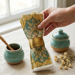 Classic Persian Mustard with Teal Floral Accents スタンダードカクテルナプキン