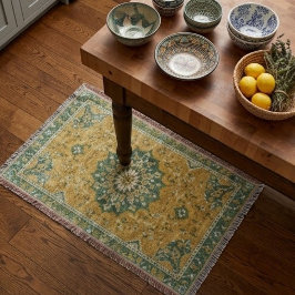 Classic Persian Mustard with Teal Floral Accents スローブランケット