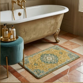 Classic Persian Mustard with Teal Floral Accents バスマット