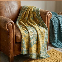 Classic Persian Mustard with Teal Floral Accents フリースブランケット