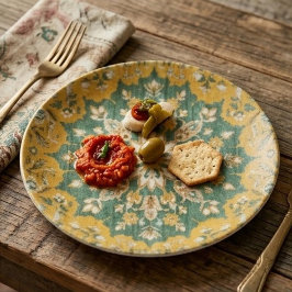 Classic Persian Mustard with Teal Floral Accents ペーパープレート