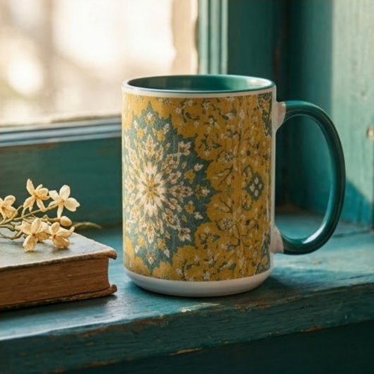 Classic Persian Mustard with Teal Floral Accents マグカップ