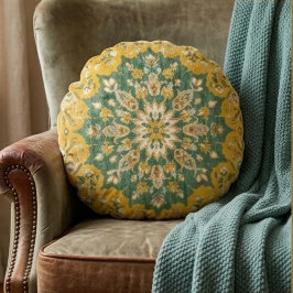 Classic Persian Mustard with Teal Floral Accents ラウンドクッション