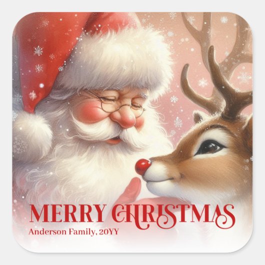 Classic Personalized Santa Rudolph Christmas Kids スクエアシール (正面)