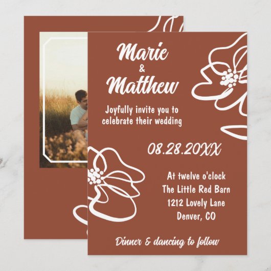 Classic Photo Burnt Orange Floral Wedding  招待状 (正面/裏面)