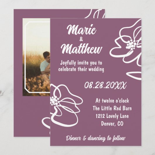 Classic Photo Muted Plum Floral Wedding Invitation 招待状 (正面/裏面)