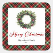 Classic Pine Wreath Christmas Sticker Custom Name スクエアシール (正面)
