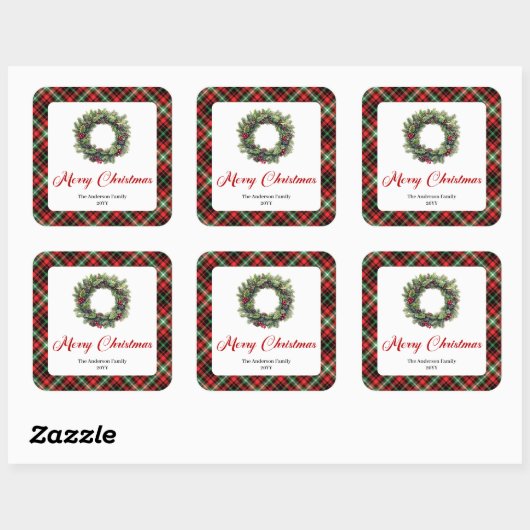Classic Pine Wreath Christmas Sticker Custom Name スクエアシール (シート)