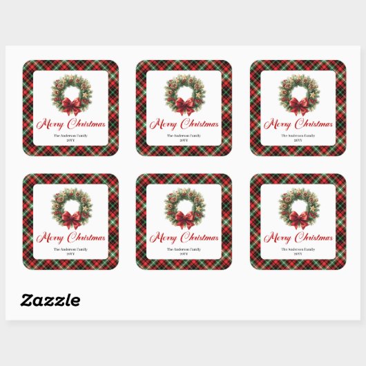 Classic Pine Wreath Holiday Sticker Custom Name スクエアシール (シート)