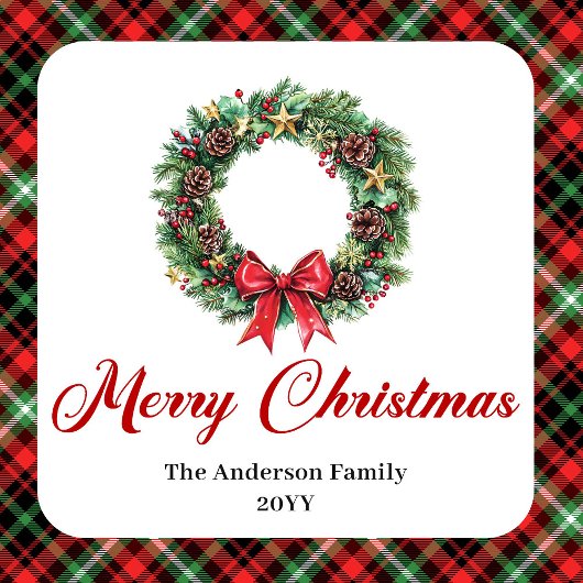 Classic Pine Wreath Holiday Sticker Custom Name スクエアシール