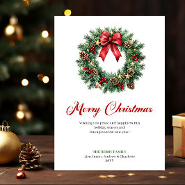 Classic Pine Wreath Watercolor Christmas Greeting シーズンカード