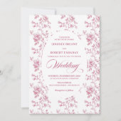 Classic Pink and White Toile Roses Wedding Invite 招待状 (正面)