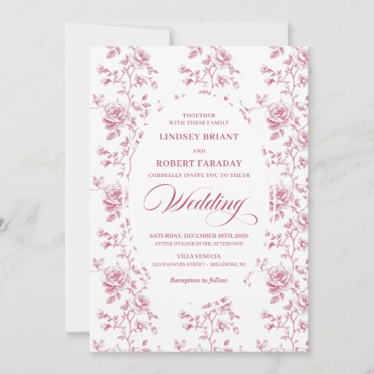 Classic Pink and White Toile Roses Wedding Invite 招待状 (正面)