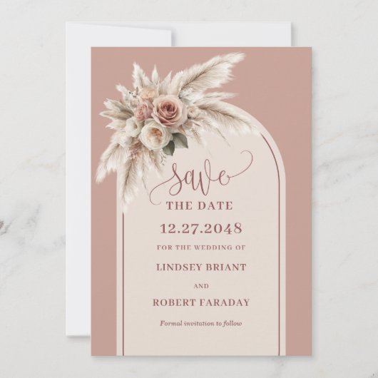 Classic Pink Boho Floral Arch Save the Date Invite 招待状 (正面)