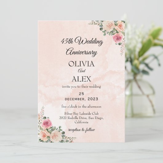 Classic Pink Cream Floral Wedding Anniversary  招待状 (スタンド正面)