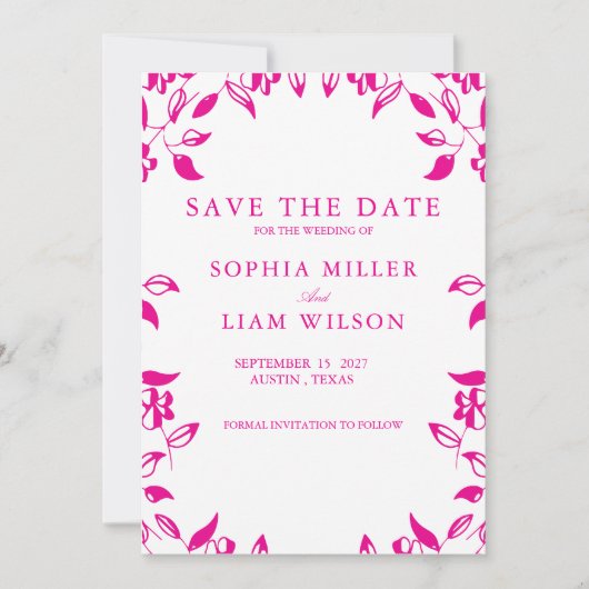 Classic Pink Floral Save the Date Invitation 招待状 (正面)