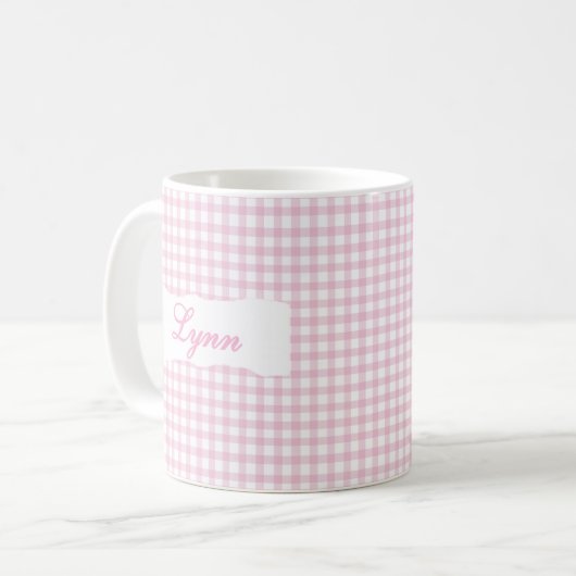 Classic Pink Gingham Personalized Name  コーヒーマグカップ (正面左)