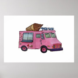 Classic pink ice cream truck with cone on top ポスター