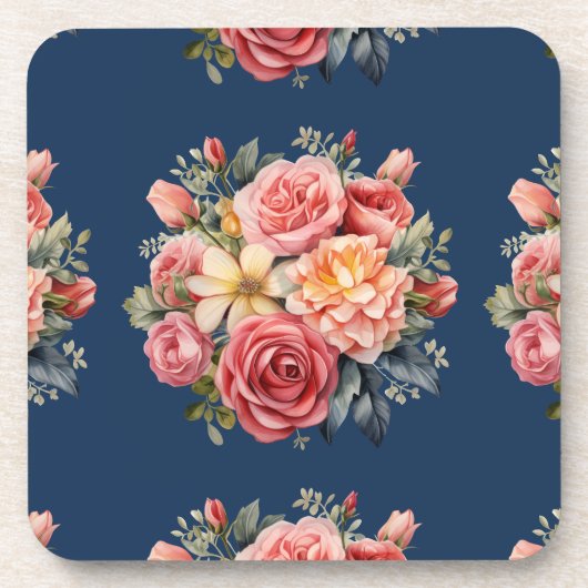 Classic Pink Roses Floral on a Blue Background コースター (正面)