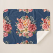 Classic Pink Roses Floral on a Blue Background シェルパブランケット (正面(横))