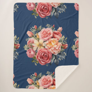 Classic Pink Roses Floral on a Blue Background シェルパブランケット