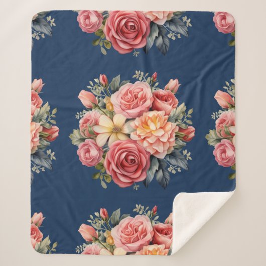 Classic Pink Roses Floral on a Blue Background シェルパブランケット (正面)