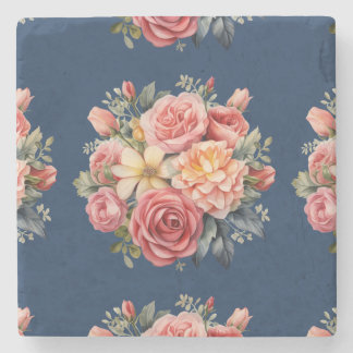 Classic Pink Roses Floral on a Blue Background ストーンコースター