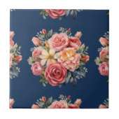Classic Pink Roses Floral on a Blue Background タイル (正面)