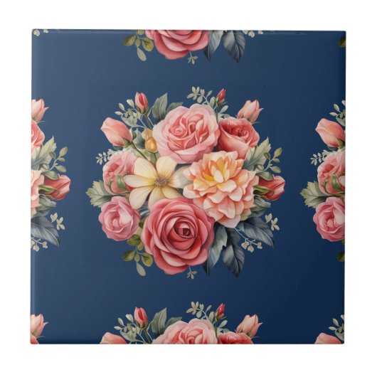 Classic Pink Roses Floral on a Blue Background タイル (正面)
