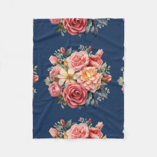 Classic Pink Roses Floral on a Blue Background フリースブランケット