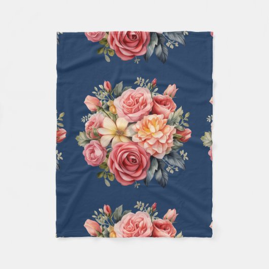 Classic Pink Roses Floral on a Blue Background フリースブランケット (正面)