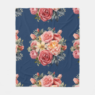 Classic Pink Roses Floral on a Blue Background フリースブランケット