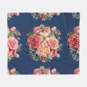 Classic Pink Roses Floral on a Blue Background フリースブランケット (正面(横))