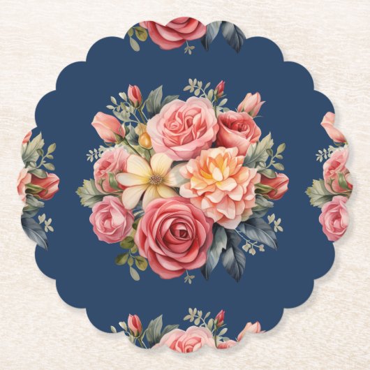 Classic Pink Roses Floral on a Blue Background ペーパーコースター (正面)