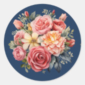 Classic Pink Roses Floral on a Blue Background ラウンドシール (正面)