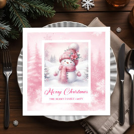 Classic Pink Snowman Christmas Scene Napkins Kids スタンダードカクテルナプキン