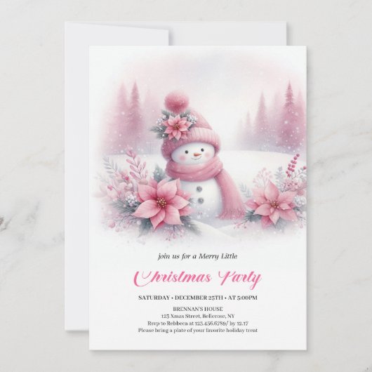 Classic Pink Snowman Kids Christmas Invite Digital 招待状 (正面)