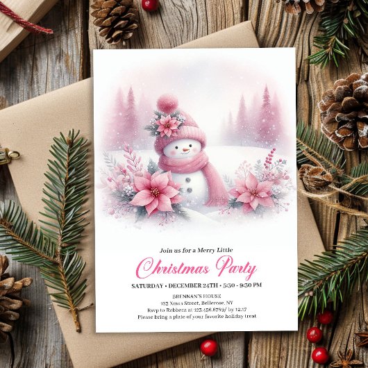 Classic Pink Snowman Kids Christmas Invite Digital 招待状