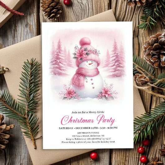 Classic Pink Snowman Kids Digital Christmas Invite 招待状