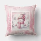 Classic Pink Snowman Winter Scene Kids Gift Pillow クッション (裏面)
