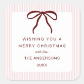 Classic Pink Stripes Red Bow Merry Christmas スクエアシール (正面)