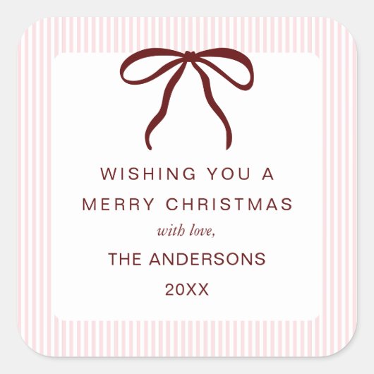 Classic Pink Stripes Red Bow Merry Christmas スクエアシール (正面)