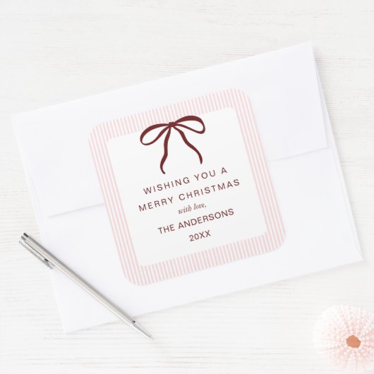 Classic Pink Stripes Red Bow Merry Christmas スクエアシール (封筒)