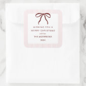 Classic Pink Stripes Red Bow Merry Christmas スクエアシール (バッグ)