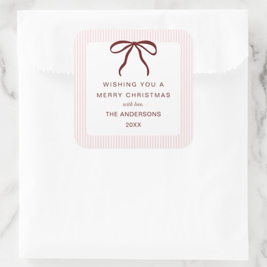 Classic Pink Stripes Red Bow Merry Christmas スクエアシール (バッグ)